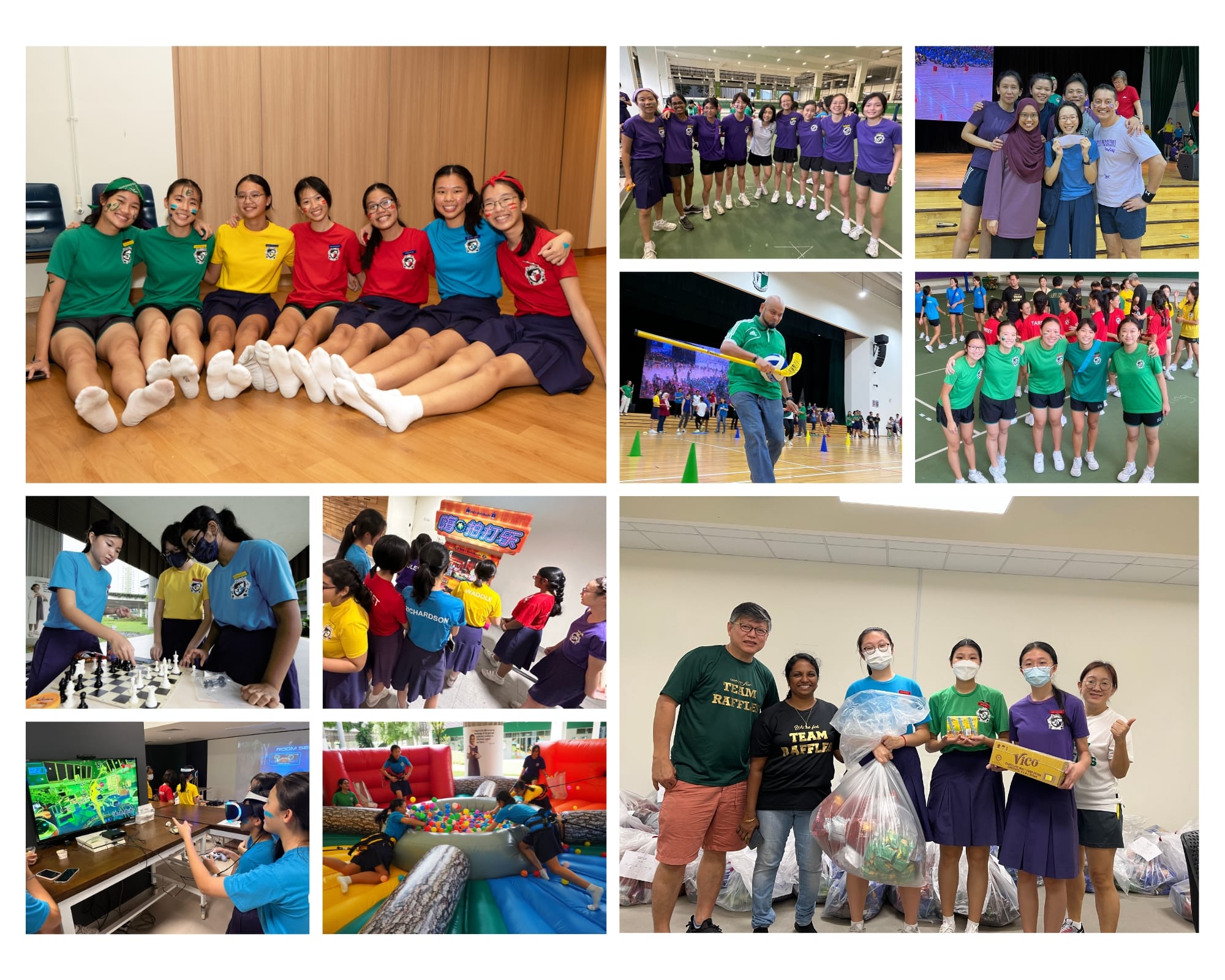 Collage of school students in colorful house shirts playing chess, sports, video games, and posing together at events.